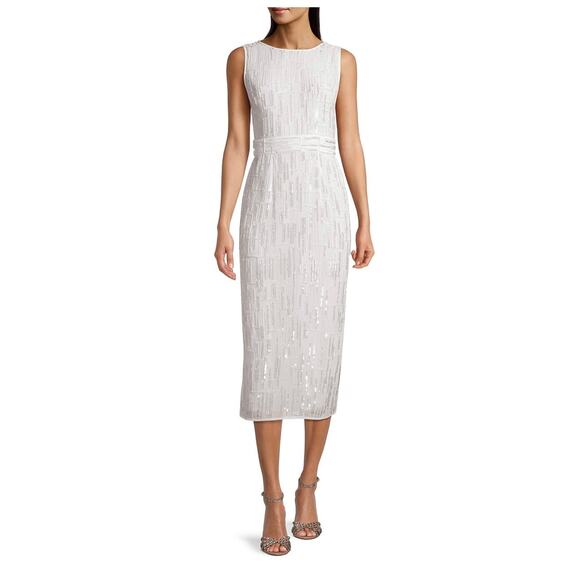 Mac Duggal 93597 Sequin White Abstract Midi Sheath Dress 12 High Neck - Picture 1 of 11